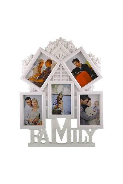 OEM Ramă foto în formă de casă cu textul „Familie” și spațiu pentru 5 fotografii, 38x50 cm, albă
