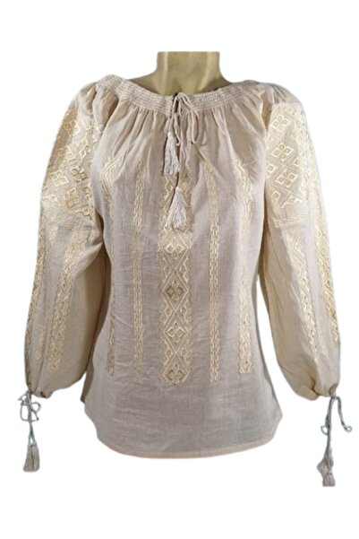 OEM Women's Blouse, Cotton, Long-Sleeve, Traditional Model, Beige, Size L