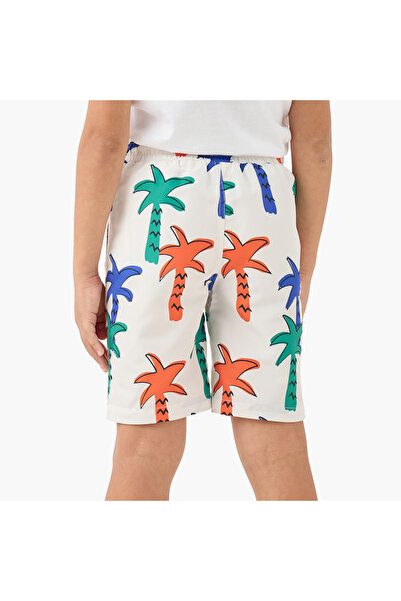 Juniors Palm Tree Print Swim Shorts with Pockets and Drawstring Closure