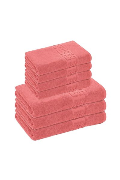 OEM Set of 7 bath towels, Cotton, Greek Border, 500g/m², 50x90cm/70x140cm, Coral