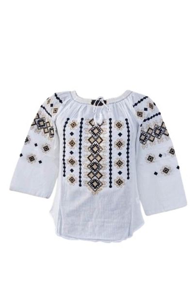 OEM Women's Embroidered Blouse, Black-Beige, Traditional Model, Cotton, Long Sleeve, Size S