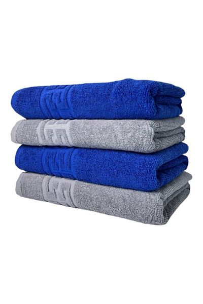 OEM Set de 4 prosoape de baie, bumbac, bicolor, bordură grecească, 500g/m², 70x140cm, albastru marin-gri