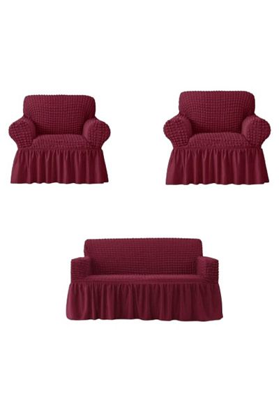 OEM Set 3 Huse, 2 fotolii si canapea 3 locuri, Creponat cu Volanase, Poliester cu Licra, Bordo