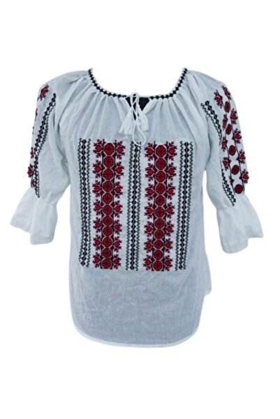 OEM Bluza tip ie dama, Model Traditional, Bumbac, Broderie Negru-Rosu, Maneca 3/4, Marime 3XL