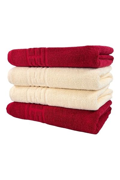 OEM Set 4 Bath Towels, Cotton, Bicolor, Greek Border, 500g/m², 70x140cm, Ivory-Red