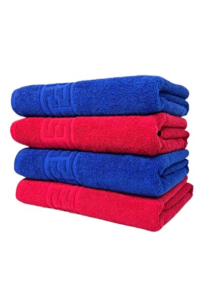 OEM Set of 4 Face Towels, Cotton, Bicolor, Greek Border, 500g/m², 50x90cm, Navy-Red