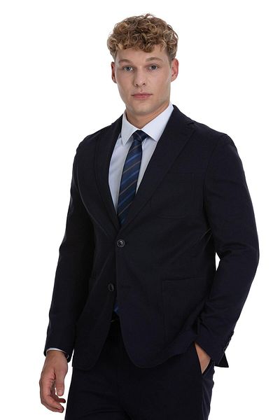 Hatemoğlu Navy Blue Regular Fit Mono Collar Cotton Suit
