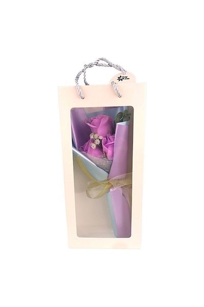 OEM Buchet cu Trei Trandafiri de Săpun, Ambalat în Săculeț cu Mâner, M3, 15X32 cm