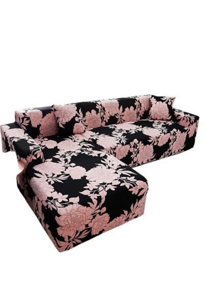 OEM Husă elastică pentru canapea de colț, Comfort, elastan, imprimeu floral, negru-roz