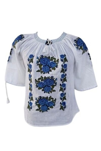 OEM Women's Blouse, Traditional Model, Cotton, Blue-Green Embroidery, Short Sleeve, Size L
