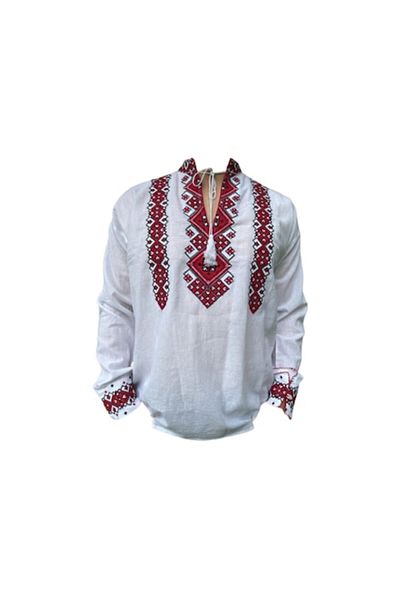 OEM Bluza tip ie Barbati, Model Traditional, Broderie Negru-Rosu, Maneca Lunga, Bumbac, Marime S