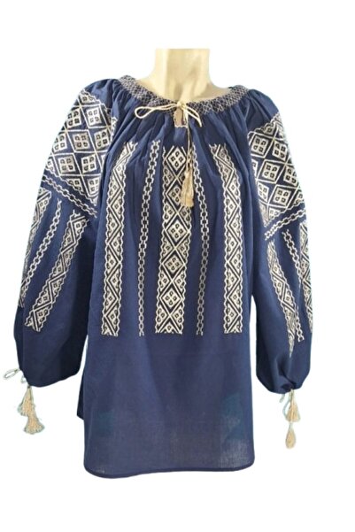 OEM Women's Blouse, Cotton, Long Sleeve, Traditional Model, Beige and Navy Embroidery, Size 5XL