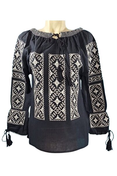 OEM Ie Dama, Maneca Lunga, Bumbac, Model Traditional, Broderie Bej, Negru, Marime 2XL