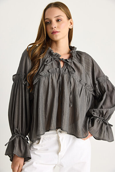 Bianco Lucci Women's Lacing Detailed Balloon Sleeve Casual Seersucker Blouse 252 60282002