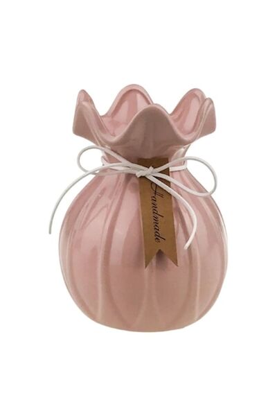 OEM Vază ceramică cu gură ondulată și sfoară - 11x14 cm roz