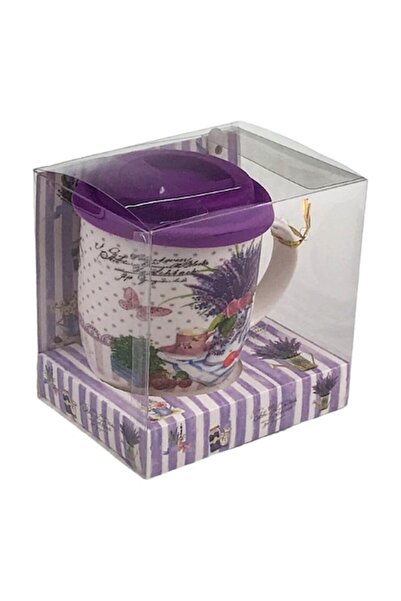 OEM Cană ceramică cu linguriță și capac din silicon, design lavandă, 13x13 cm