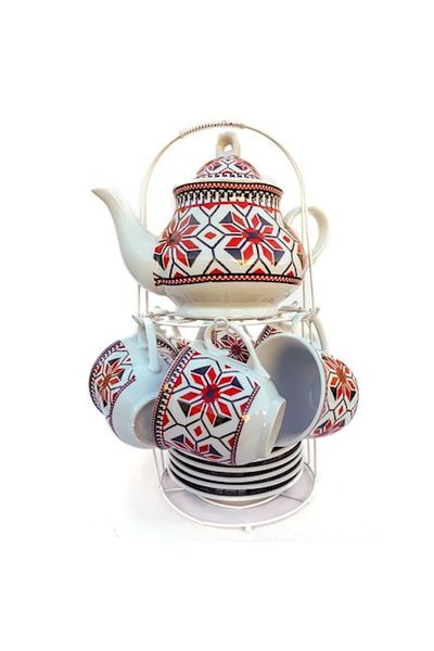 OEM Set ceramic cu ceainic, șase cești și farfurii, design tradițional, M3, 25x33 cm