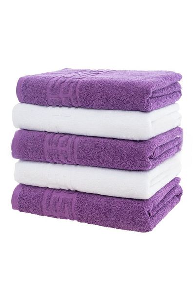 OEM Set 5 prosoape de baie, bumbac, bicolor, bordură grecească, 500g/m², 70x140cm, violet-alb