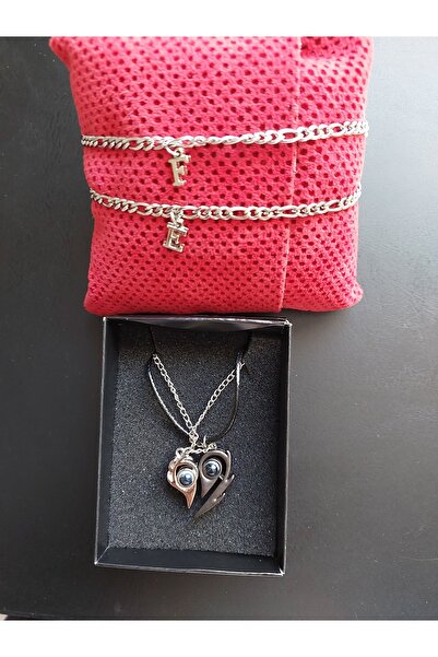 TWOGAN Baş Harfli Çift Çelik Bileklik Ve 100 Dilde Seni Seviyorum Kolyesi Çif...