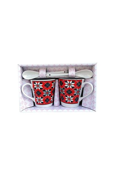 OEM Set 2 căni ceramice cu modele populare, cu lingurițe, 150 ml