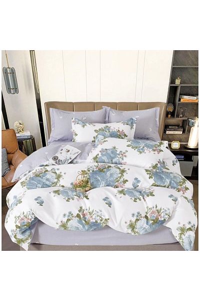 OEM Double Bed Linen with Two Sides, Mini Blue Bouquet, 6 Pieces, 180x200cm, Satin Finish