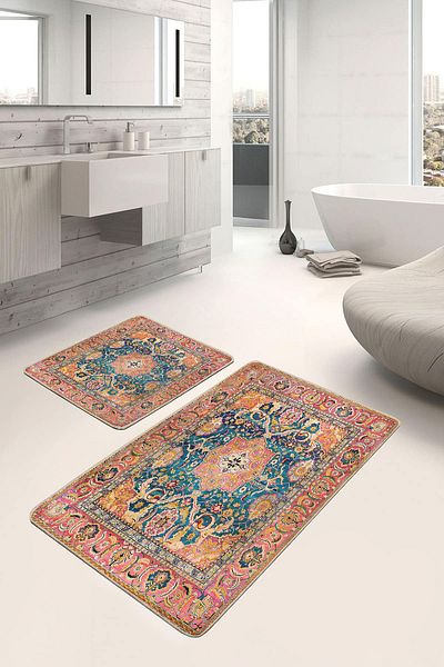 Realhomes Persian Floral Patterned Turquoise-Pink 2-Piece Non-Slip Base Washable Bath Mat Set