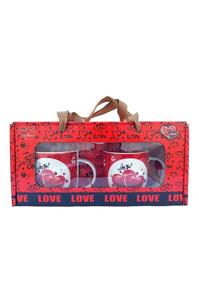 OEM Set 2 ceramic mugs with spoon, hearts and text 'I love you', 30x16cm