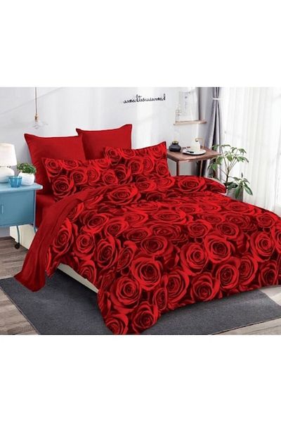 OEM Lenjerie de Pat, Finet, 6 piese, 2 persoane, 230x250cm, Imprimeu Trandafiri, Rosu
