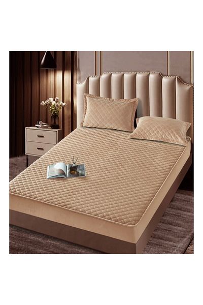 JOJO HOME Bed Cover and 2 Pillowcases, Jojo Home, Velvet, Quilted, 180x200cm, Coffee with Milk