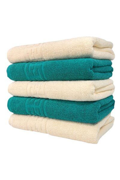 OEM Set 5 hand towels, Cotton, Two-tone, Greek Border, 500g/m², 30x50cm, Ivory-Dark Green