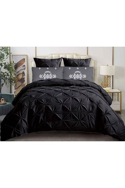 OEM Set de lenjerie de pat dublu, model plisat, cu primăvară, Finet, 6 piese, negru
