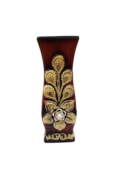 OEM Brown Ceramic Vase with Floral Pattern and Brooch Stone, 30cm