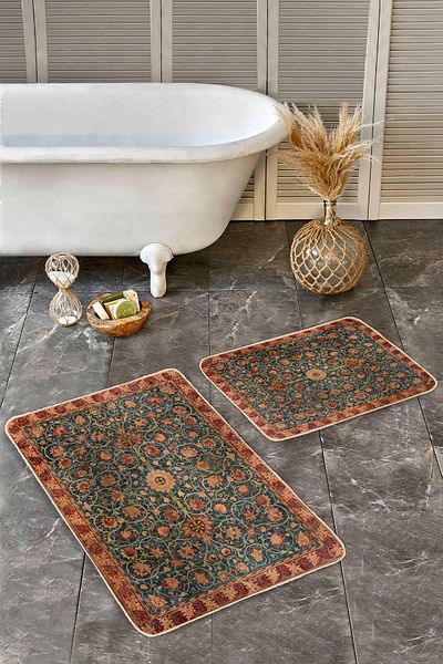 Realhomes Classic Ethnic Floral Patterned Blue-Red 2-Piece Non-Slip Base Washable Bath Mat Set