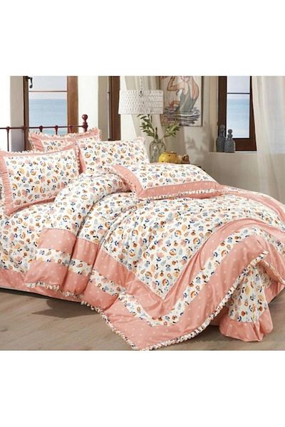 OEM Luxury Coral Floral Bed Linen Set with Ruffles, Cotton Finet, 4 Pieces, Multicolor