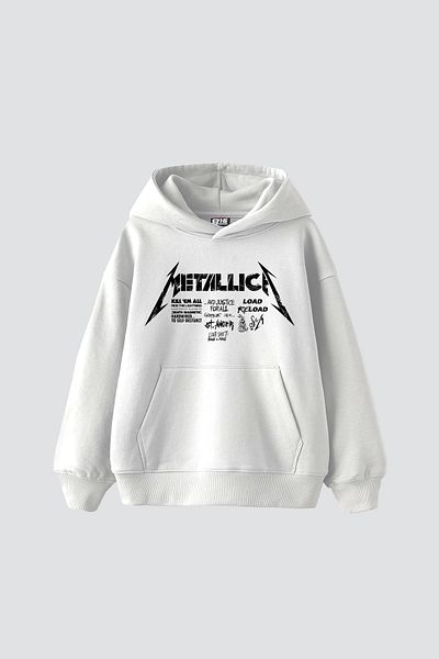 Bak Moda Metallica Road Reload Printed Oversize Women's White Hoodie