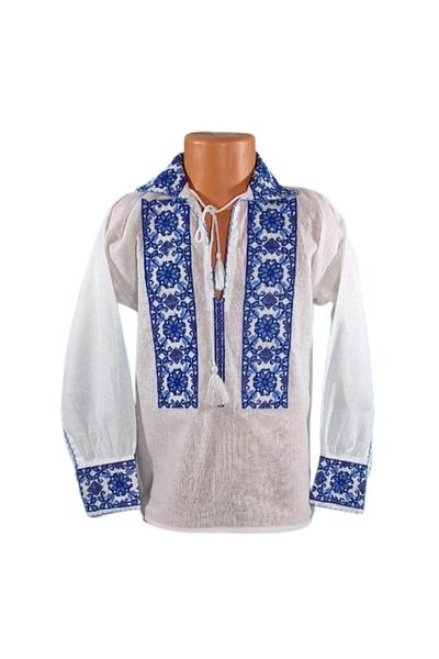 OEM Bluză tradițională pentru băieți, bumbac, albă cu broderie geometrică albastră, vârsta 2 ani