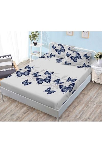 OEM Husa de Pat, cu Elastic, 3 Piese, Finet, 180x200cm, Imprimeu Fluturi, Gri-Bleumarin