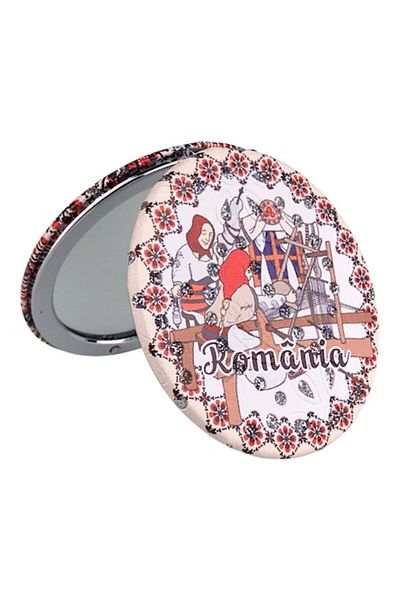 OEM Pocket Mirror with Textile Material and 'Romania' Text, 7x7 cm, Multicolor