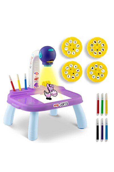 divendi-ro Masă de jucărie educativă cu proiector de desen, 4 discuri, 32 de ștampile și markere, Albastră