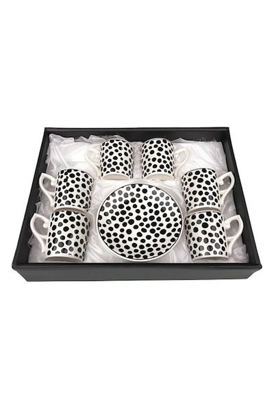 OEM Set de cafea/ceai din ceramică, design cu buline, 12 piese, 29x22cm, alb-negru