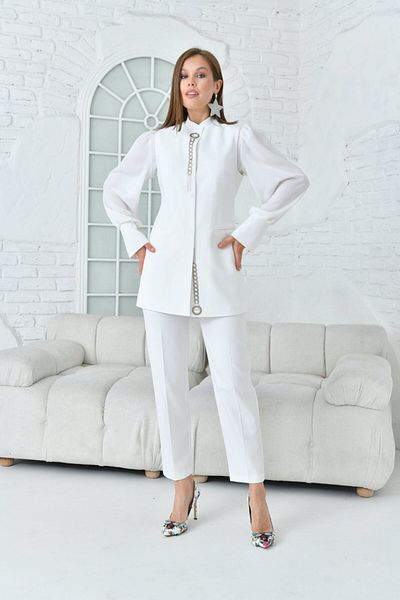 nodilife Women's Suit with Collar Stone Embroidered Snap Fastener Vest White