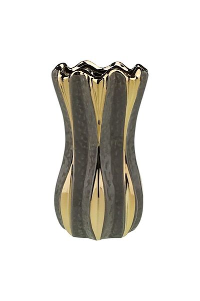 OEM Ceramic Vase with Wide Stripes and Wavy Opening in Tulip Shape (12x23 cm, Gray)
