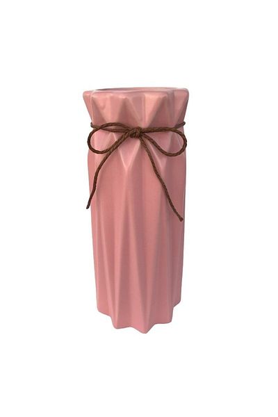 OEM Vaza din ceramica cu dungi si funda din siret, roz, 11x24 cm