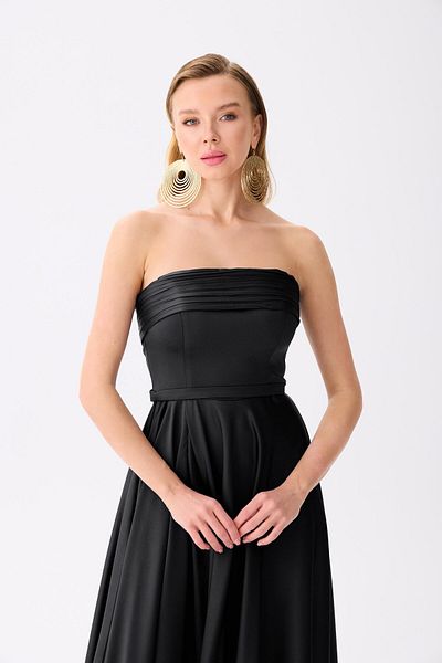 Carmen Μαύρο στράπλες σατέν βραδινό φόρεμα