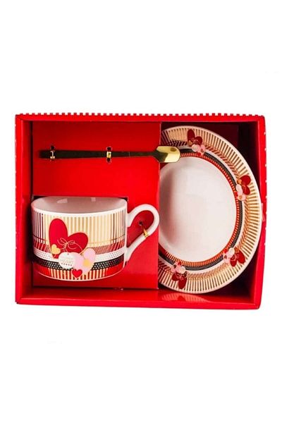 OEM Ceramic Cup with Plate and Metal Spoon, Decorated with Hearts