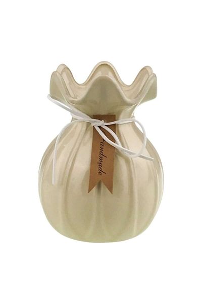 OEM Vază ceramică cu margine ondulată și șnur decorativ, 11x14 cm, roz pastel