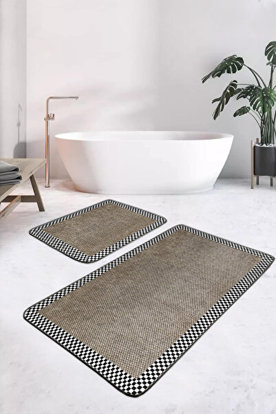 Realhomes مجموعة من 2 سجادة حمام قابلة للغسل ومضادة للانزلاق مع إطار مربع أبي...