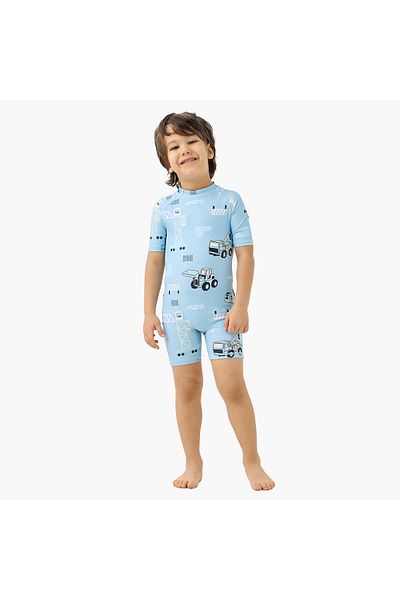 Juniors All-Over Construction Print Swimsuit with Zip Closure