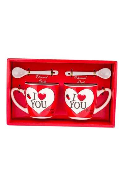 OEM Ceramic set consisting of two mugs with spoons, with hearts and love messages in English
