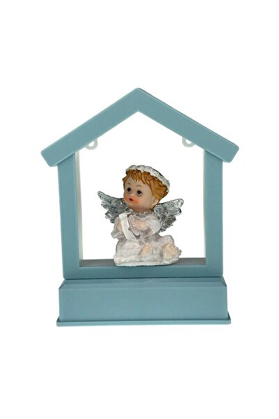 OEM Decorațiune înger cu căsuță, 14x17 cm, alb-albastru, rășină